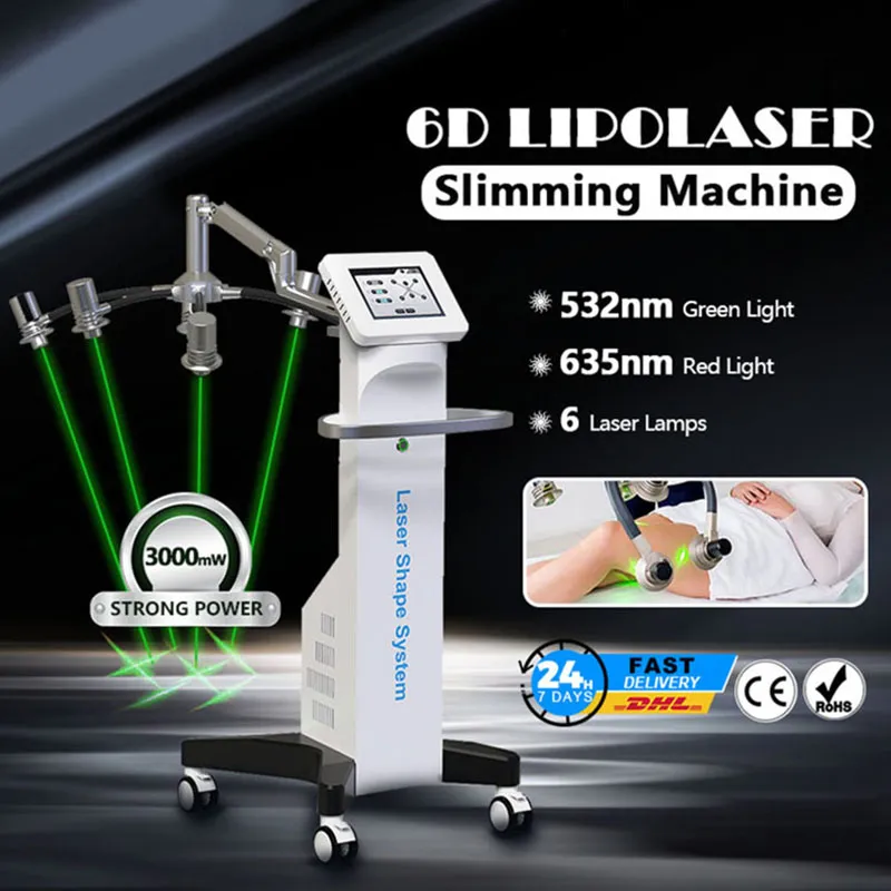 6 teste di trattamento laser lipo 6D 532nm Lipolaser dimagrante 635nm lipolisi luce rossa e verde corpo macchina sottile riduzione della cellulite grassa