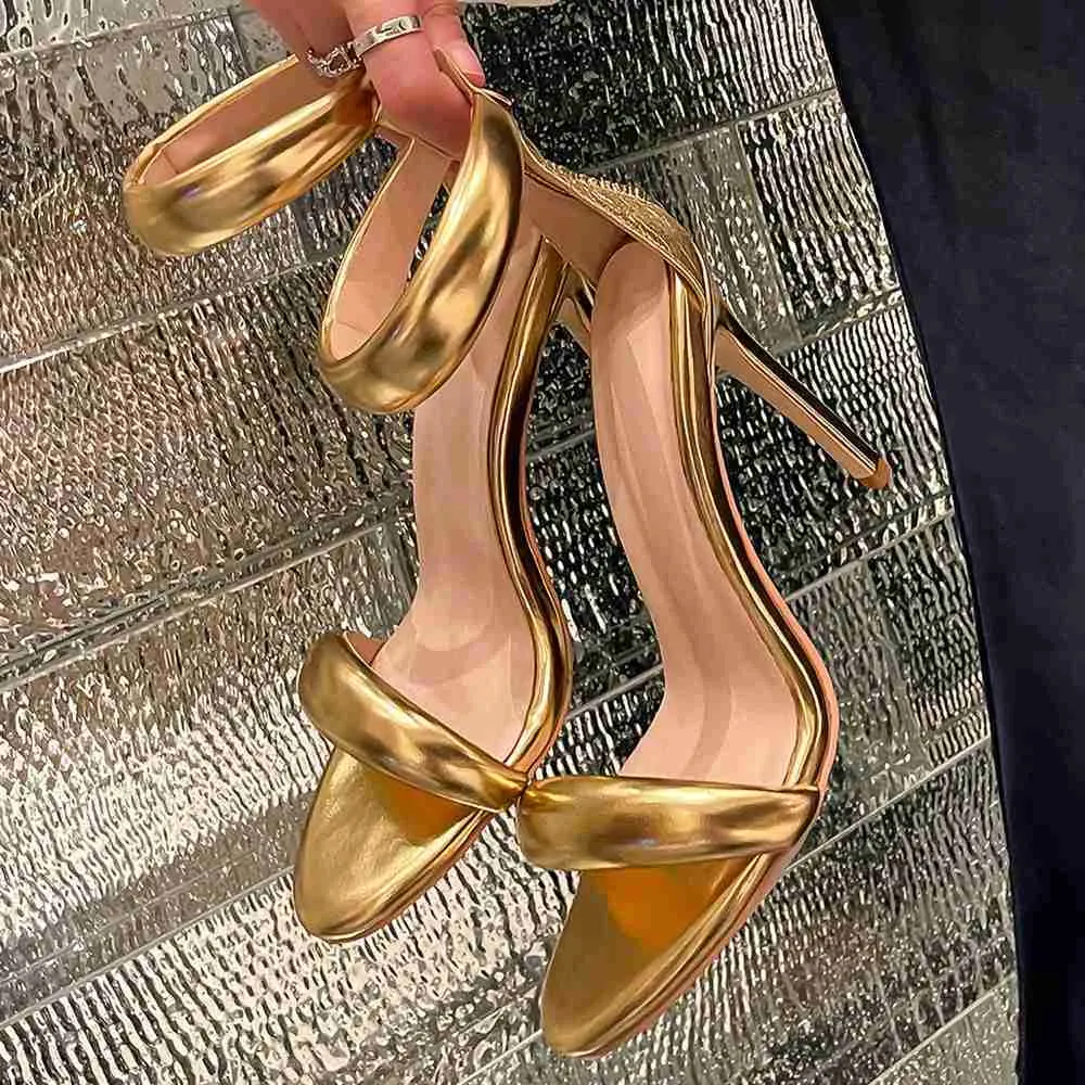 Elbise ayakkabıları sandalet kadın özlü tarzı tek kayış sandaletler kadınlar için seksi stiletto topuk arka zip kapak topuklar yaz sandalyaları altın