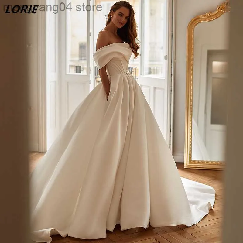 Robes de soirée élégantes épaules dénudées robes de mariée en satin manches courtes A-ligne robes de mariée sans bretelles avec poches latérales jupe robe de mariée T230502