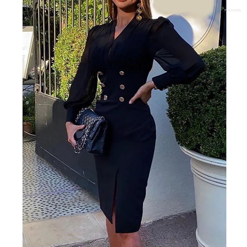 Casual Dresses Women Business Suit Dress Spring Autumn Mesh Puff Sleeve Slit Women's V-neck Double Breasted High Waist Slim