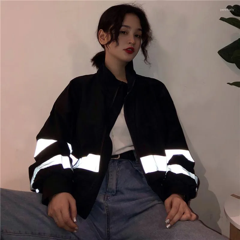 Damenjacken Harajuku Reflektierende Bomberjacke Boyfriend Übergroßer Schwarzer Grundmantel Damen Windjacke Langarm Baseball Cropped