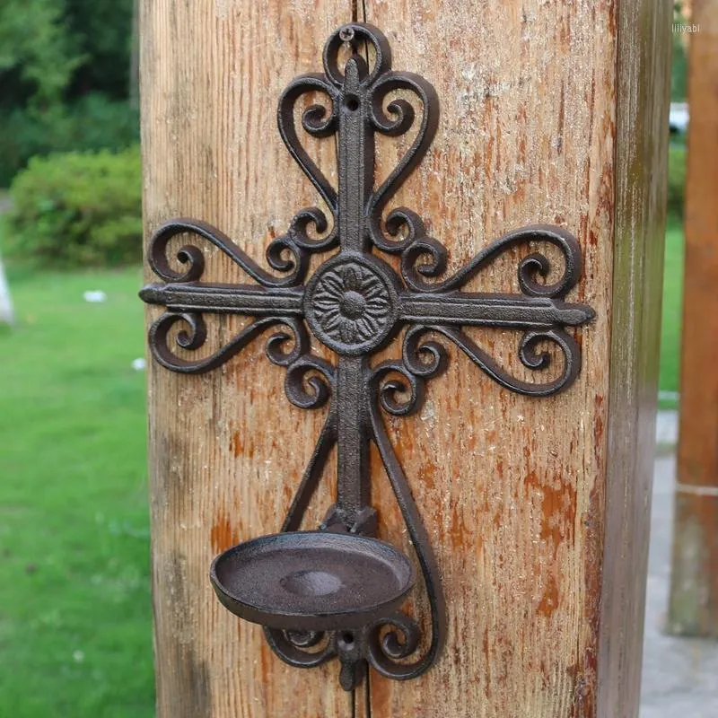 Candle Holders 2 Pieces Vintage Browm Cast Iron Wall Cross Sconce Candlestick Tealight Home Decoration Outdoor Garden Ornaments