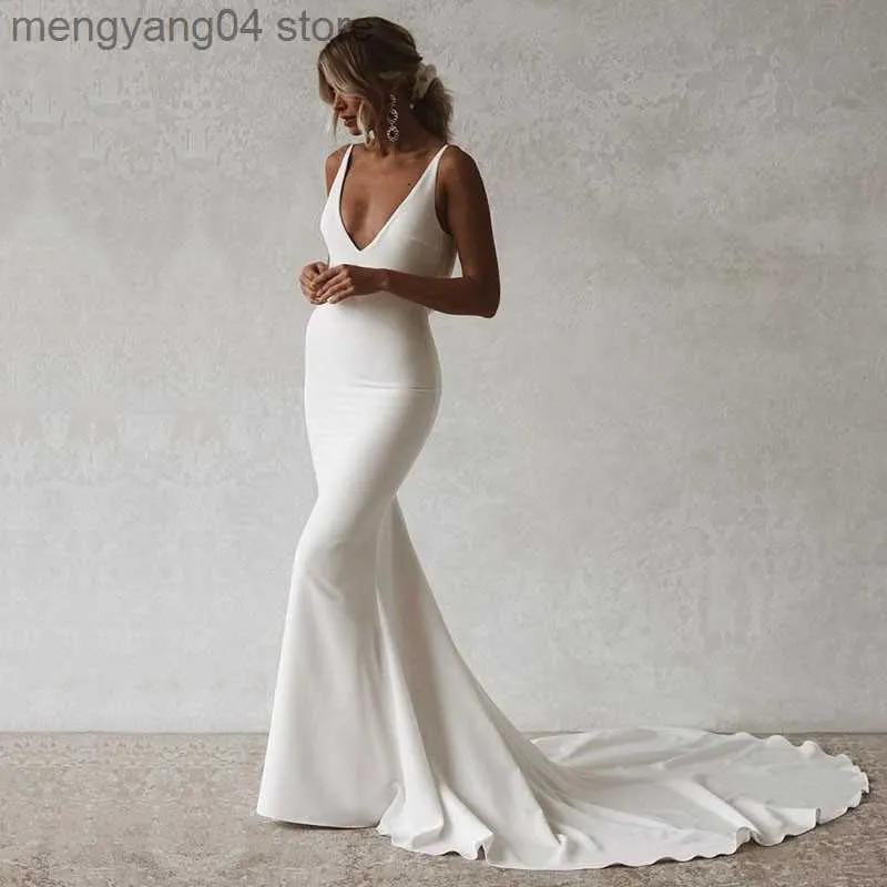 Abiti da festa Abito da sposa sexy a sirena con scollo a V aperto sul retro Boho Abito da sposa Semplice tinta unita Lungo treno Bottoni Abito da sposa da spiaggia Robe De Mariee T230502