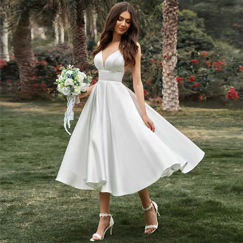 Satin tea top length wedding dress