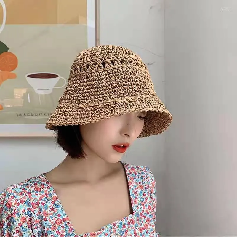 Wide Brim Hats Women'S Summer Korean Version Small Edge Bucket Japanese Hand Hook Woven Hollow-Out Fisherman Hat