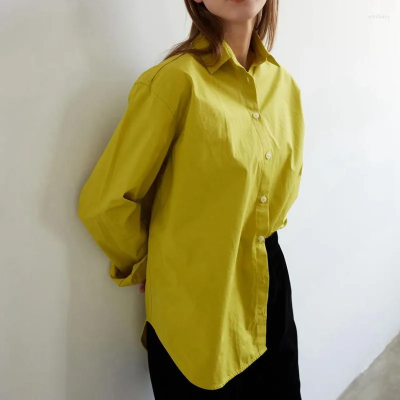 Kvinnors blusar Mustard Yellow Color Loose Cotton for Women Fashion 2023 Luxury Curved Hem Long Sleeve Spring Shirts Casual Daily Tops