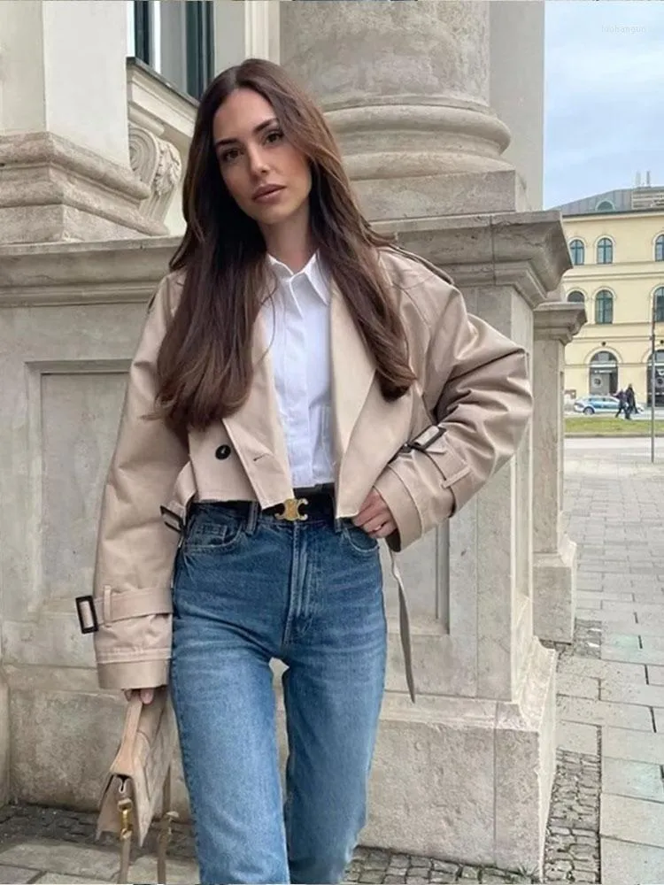 Women s Jackets Casual Spring Jacket Women Loose Belt Short Turndown Collar Coat 2023 Drop shoulder One Button Motorcycles Khaki Chic