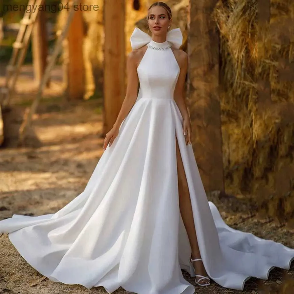 Feestjurken furtanseo sexy a-line trouwjurken witte halter nek hoge split jurk 2023 backless satijnen bruiloft avond prom jurk plus maat t230502