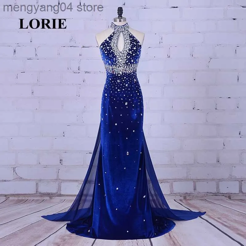 Party Dresses Luxury Evening Gowns Mermaid 2020 High Neck Pärled Velvet Crystals Royal Blue Prom Dress Elegant Women Party Gowns T230502