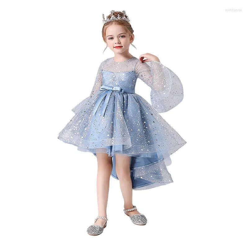 Girl Dresses Summer Red Blue Kids Junior Princess Flower Girls Asymmetrical Dress Birthday Wedding Party Stars Tulle Lace Gown