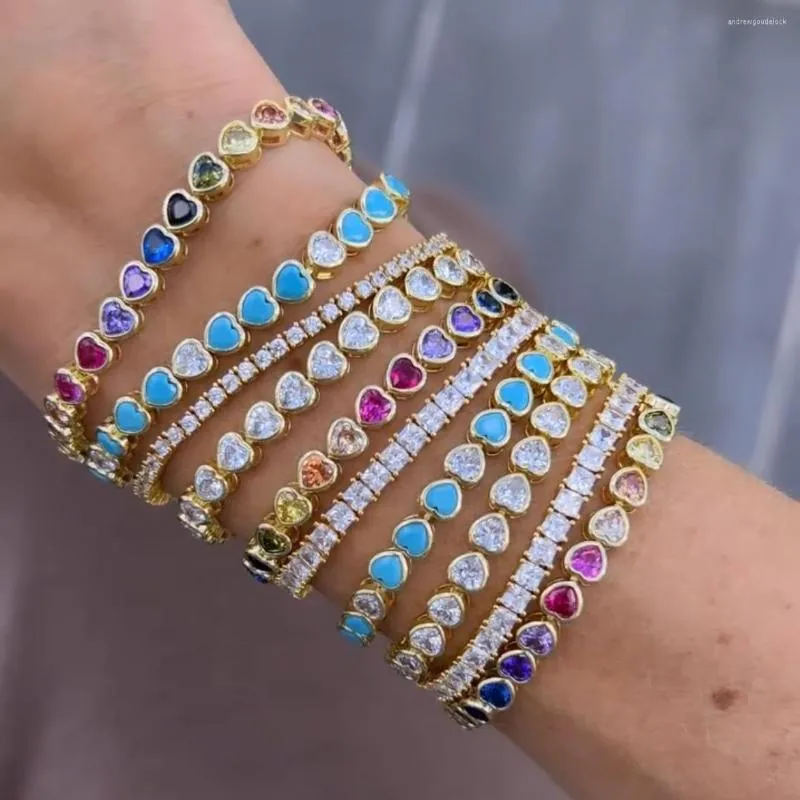 Charm Bracelets Gold Plated Colorful Summer Jewelry Blue Turquoises Heart Shaped Stone Tennis Chain Fashion Women Bracelet