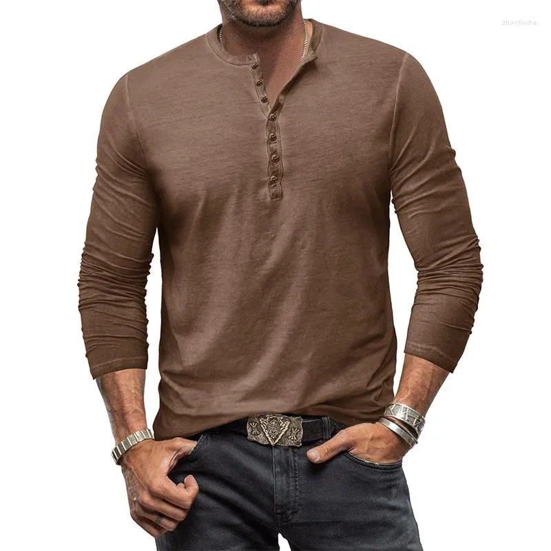 T-shirt da uomo casual a maniche lunghe larghe con bottoni girocollo da uomo abiti primaverili per il tempo libero magliette tinta unita pullover vintage da uomo