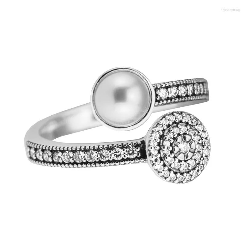 Anillos de racimo luminoso brillo blanco cristal perla y CZ anillo 925 joyería de plata esterlina para mujer DIY hacer compromiso