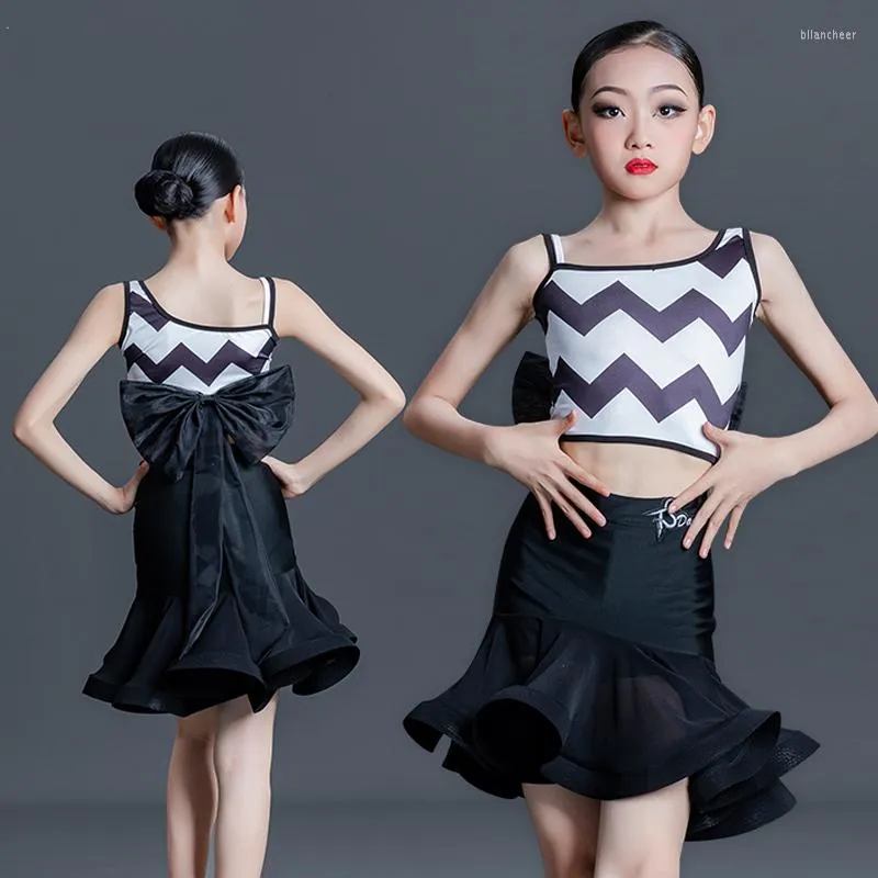 Stage Wear Summer Latin Dance Practice Clothes Kids Split Suit Girls Back Bow Top Skits Ballroom Competiton Costume SL6945