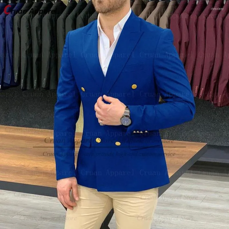 Men's Suits (One Blazer) Fashion Royal Blue Mens Blazer Groom Groomsman Suit Jacket Gold Buttons Slim Fit Double Breasted Business Male Coat