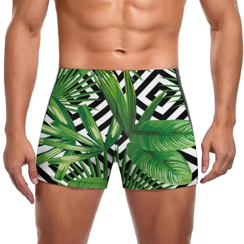 Men's Swimwear Palm Leaves Swimming Trunks Black And White Geometry Trending Quick Dry Swim Boxers Pool Plus Size Men Swimsuit