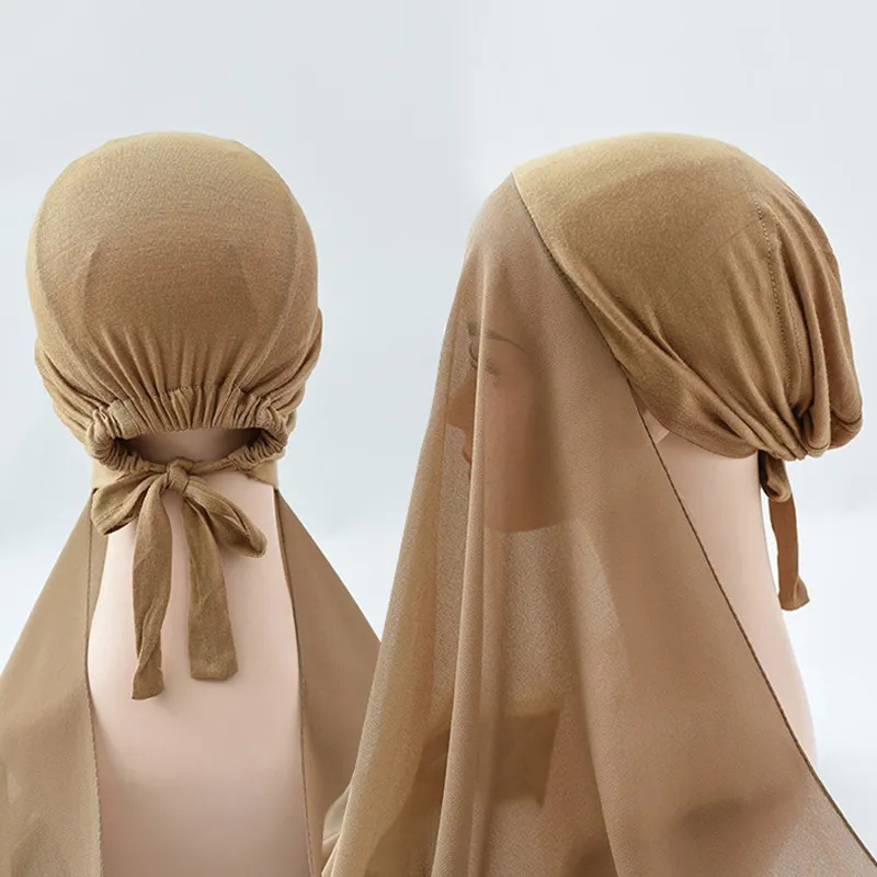 Hijab con copricollo in chiffon Turbante Sottoveste Hijab Cofano per donna Moda musulmana Sciarpa per capelli Copricapo regolabile