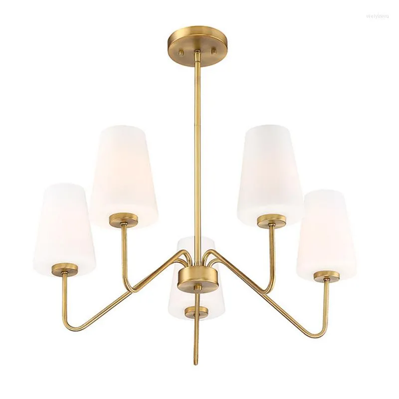 Pendant Lamps Small American Chandelier Modern Minimalist Light Luxury Warm Dining Room Bedroom Study Glass Lampshade Full Copper