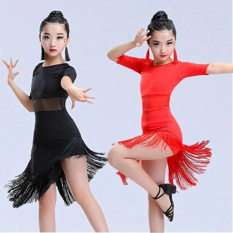 Bühnenkleidung Kinder Latin Dance Kleid Fransen Kinderkostüm Schwarz Rot Mädchen Ballsaal Tango Salsa Outfits Tanzkleider