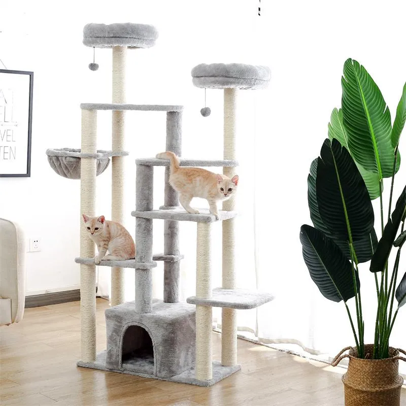 Scratchers Us Shipping Cat Tree House Condo Climbing Scratching Post för Kitten Jumping Multilevel Tower för stora katter Mysiga hängmatta