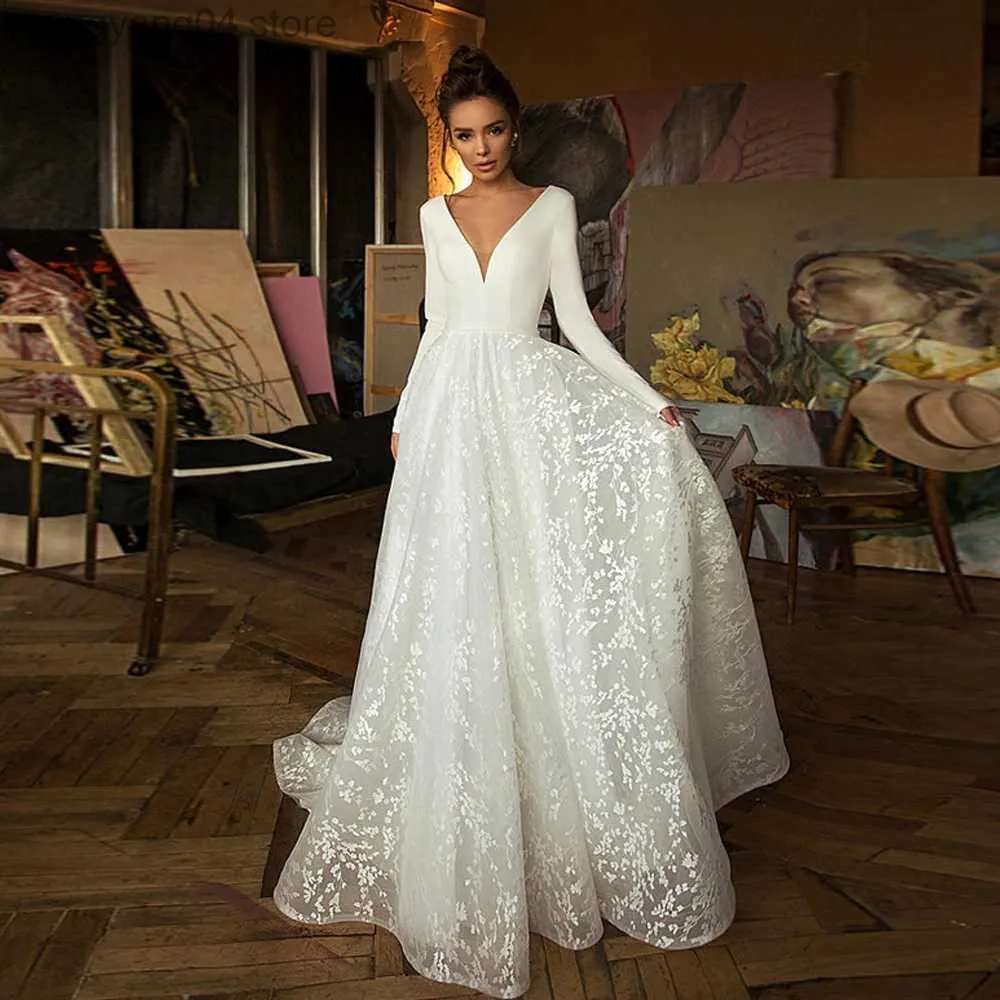 Abiti da festa Verngo Modest A Line Abito da sposa in raso elasticizzato e pizzo Maniche lunghe Scollo a V Schiena bassa Sweep Train Abiti da sposa Taglie forti T230502