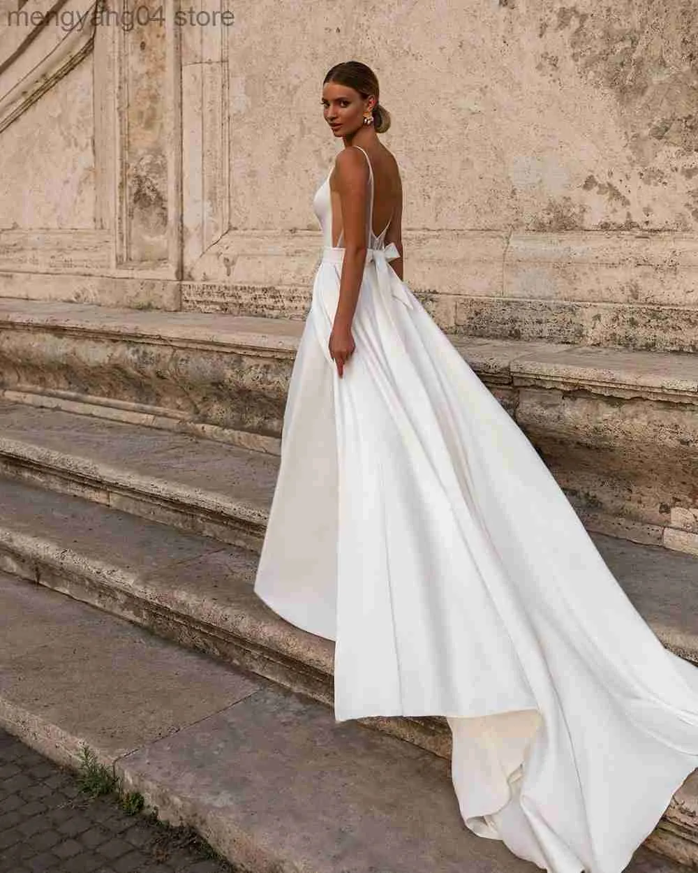 Party Dresses SoDigne Simple Modern V neck Wedding Dress Sexy Backless Princess Bride Dress Bridal Gowns Back bow Wedding Party Gowns T230502