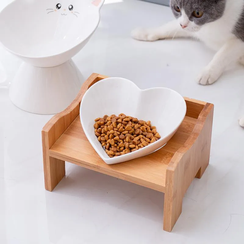 Bol d'alimentation en forme de cœur pour chat, antidérapant, mignon, colonne cervicale, bol simple en céramique, ensemble de Table à manger pour chat, étagère, mangeoire pour animal domestique