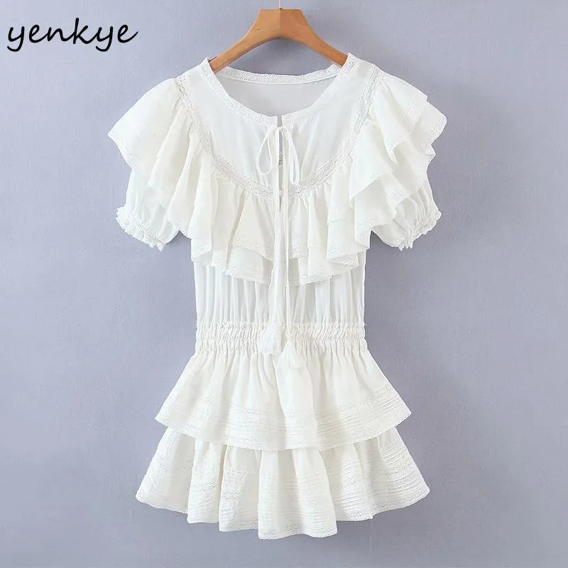 Dress YENKYE Summer Women Sweet Lace White Dress Female Short Sleeve Layered Ruffle Cake Dress Party Mini Vestido