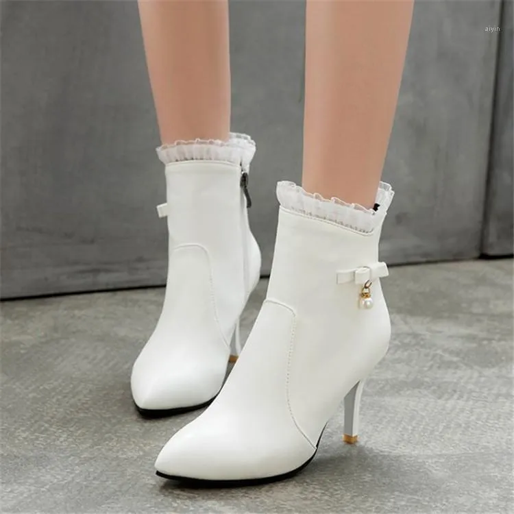 Bottes Chaussures D'hiver Femmes Noir Blanc Beige Mariée Mariage Cheville Stiletto Mince Talons Hauts Volants Noeud Papillon Perle Chaussures