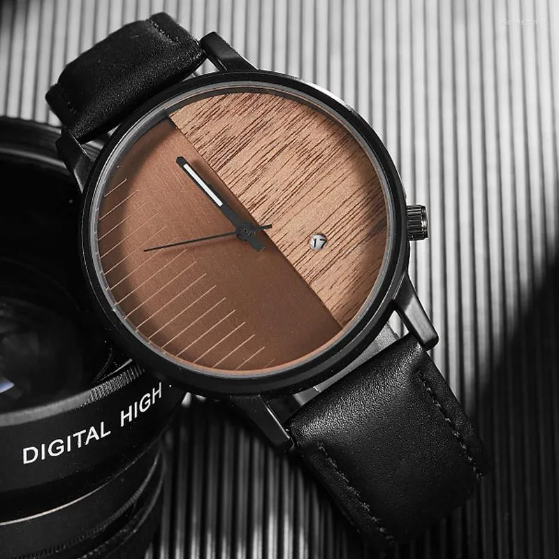 Wristwatches Pu Leather Belt Watch Gear Wheel Fashion Wrist Casual Quartz Wristwatch Synthetic Wood Men Watches Date
