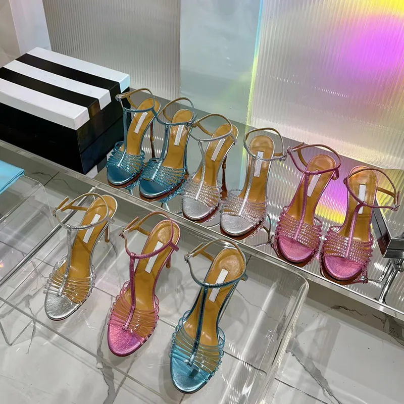 Tasarımcı Saf Renk Yuvarlak Kafa Yüksek Topuk Sandalları Kadın Lüks% 100 Deri Gümüş/Pembe/Mavi Açık Ayak Parmağı Kristal Sandal Ladys Seksi Moda Strappy Stiletto Topuk Ayakkabı