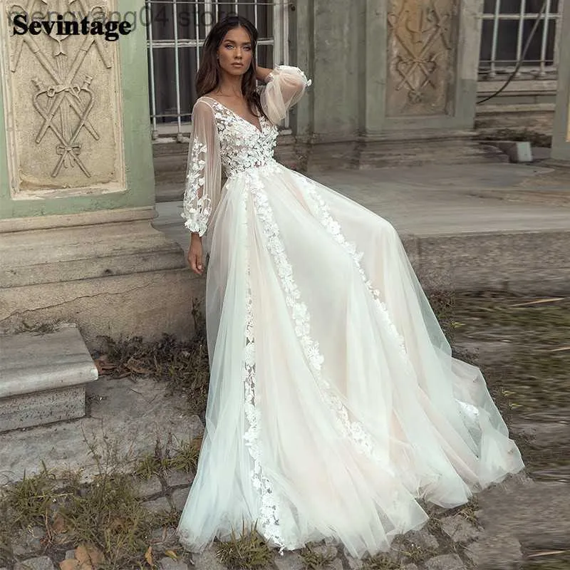 Festklänningar Sevintage Princess Boho Wedding Dresses Applices Spets Backless Beach Bride Dress Long Puff Sueses Plus Size Brudklänning T230502