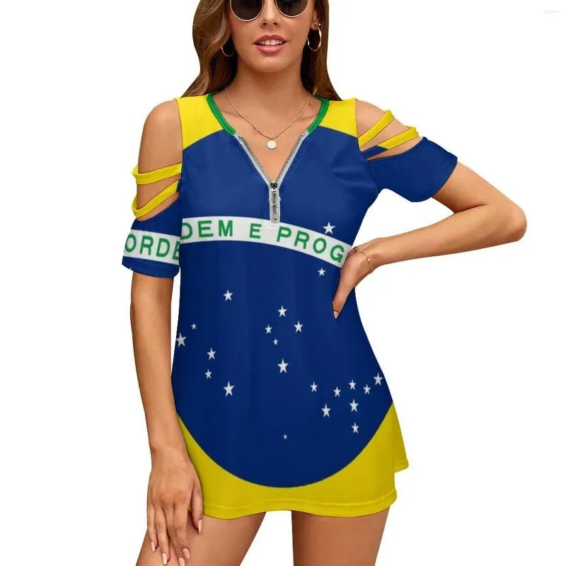 T-shirts pour femmes drapeau du Brésil mode Zip Off épaule haut à manches courtes femmes chemise Brasil brésilien Brasileiro