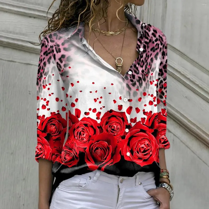 Kobiety damskie damskie lampart róży Rose Printowane koszule Lapel Button Down Bluzka Letnie damskie bluzki