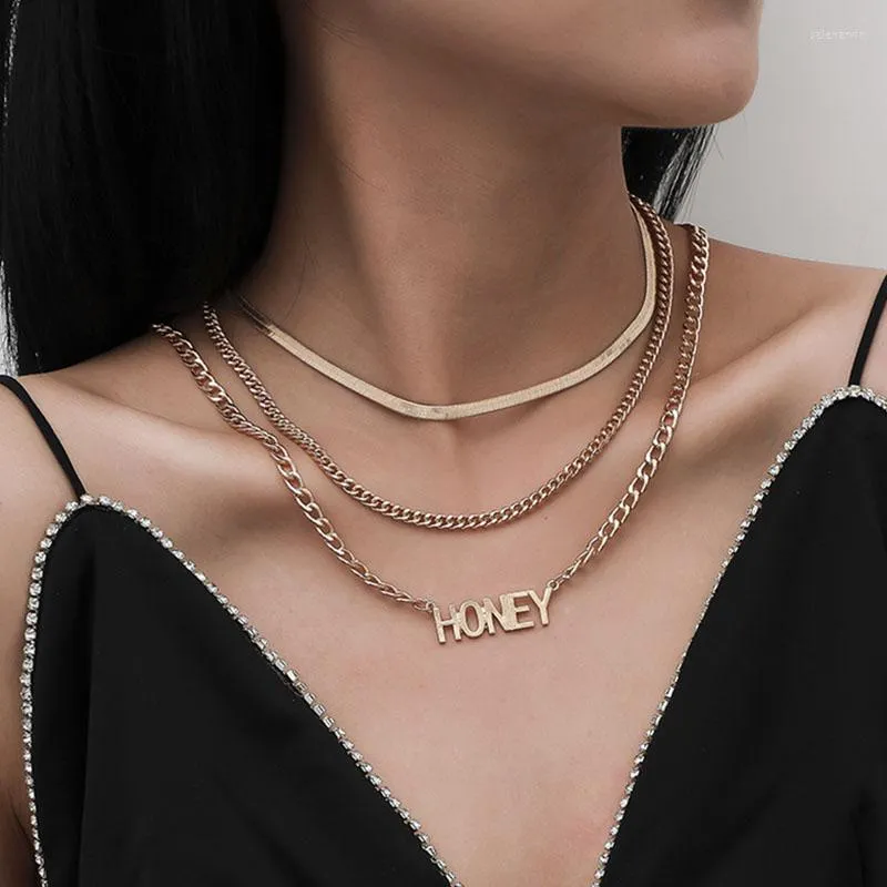 Chains Vintage Multilayer Honey Letters Pendant Necklace For Women Punk Alloy Thick Geometric Clavicle Necklaces Jewelry