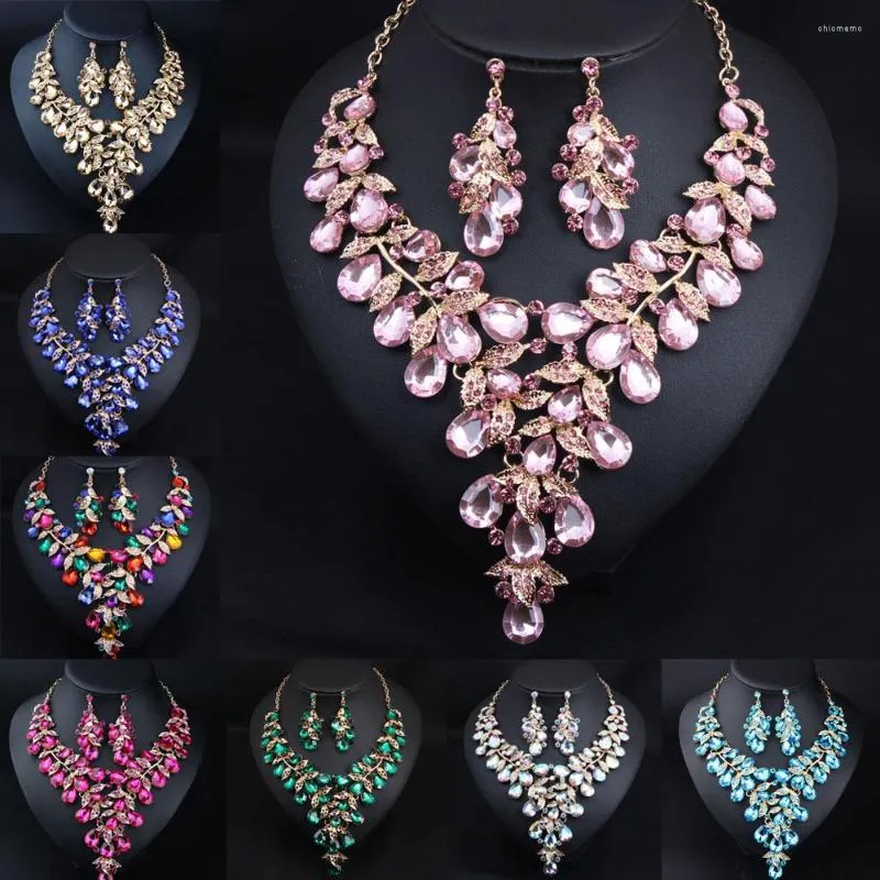 Necklace Earrings Set Statement AB Colors Crystal Women Bridal Wedding Jewelry Rhinestone Choker Nigeria African Necklaces Gifts