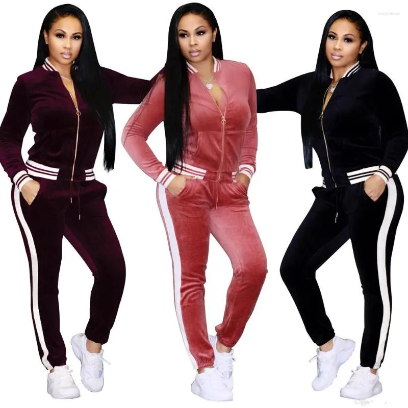 Survêtements pour femmes rayé vêtements de sport col montant Sexy femmes costume décontracté fermeture éclair pull avec pantalon Jogging 2pc ensemble