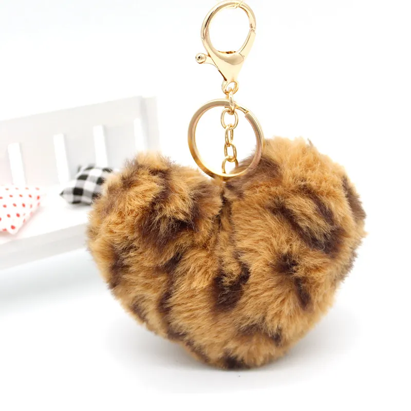 Multicolor Leopard Fur Ball Love Keychain Pendant Peach Heart Girl Car Cellphone Bag Hanging Plush Keychains Jewelry Ladies