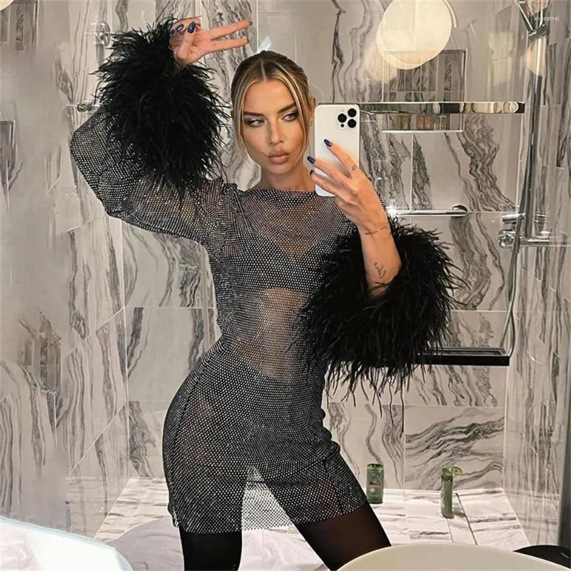Iridescent Rhinestone Mesh Mini Dress With Feather... From Shasamei, $21.3  In Bulk | DHgate.Com