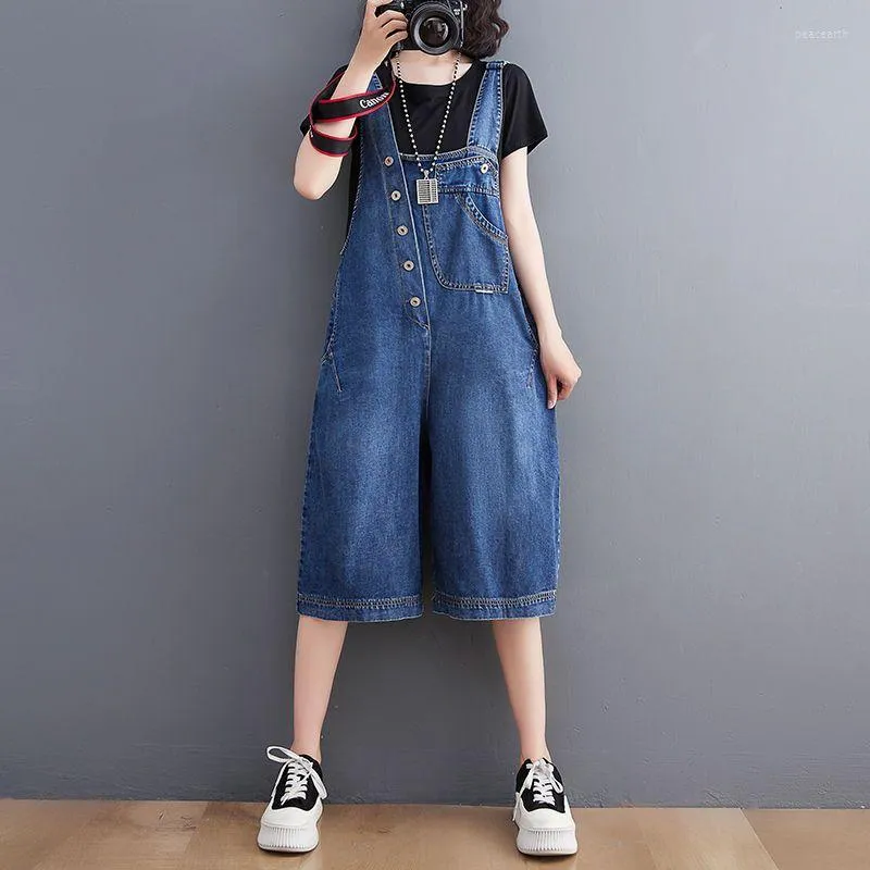 Damen Shorts Korean Fashion Button Strap Washed Blue Overalls Denim Sommer Taschen Gebleichte Jeans Overalls Damen Strampler Lässig