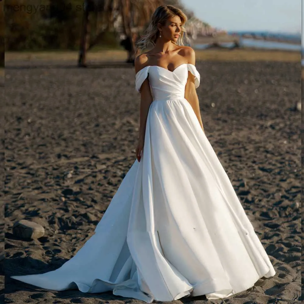 Partykleider Einfache Strandhochzeitskleider A-Linie Ärmellos Schulterfrei V-Ausschnitt Brautkleider Sweep Train Plissee Satin Vestido De Novia T230502