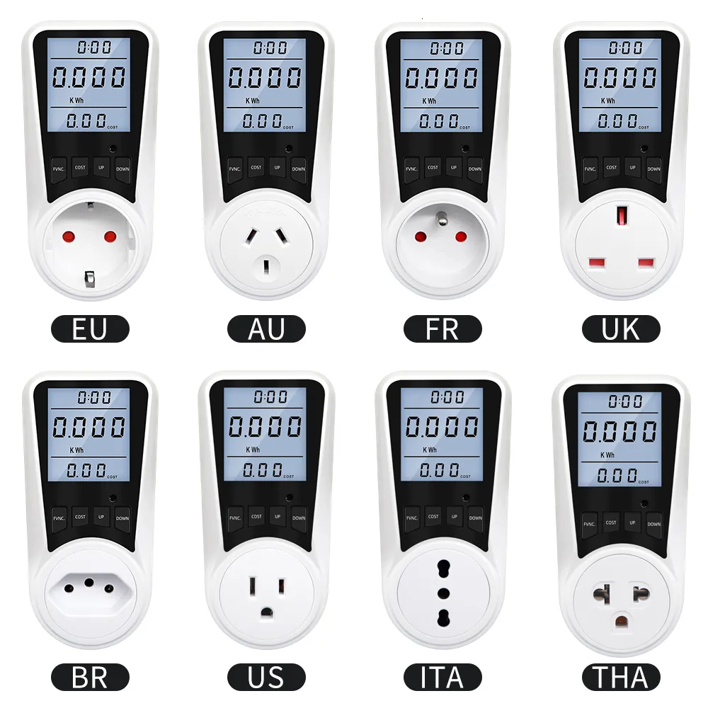 Mierniki energii 220V Cyfrowy watometr AC UE Power LCD Electric zużycie Gniazdo Wattage KWh Fr Us Br Analyzer 230428