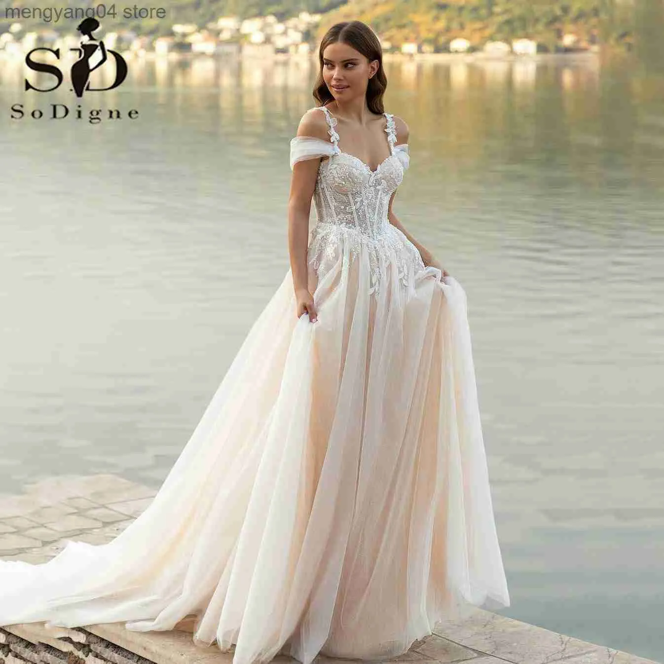 Abiti da festa SoDigne Abito da sposa da spiaggia Sweetheart Applicazioni di pizzo con spalle scoperte Corsetto Abito da sposa principessa Abito da sposa Custom Made T230502