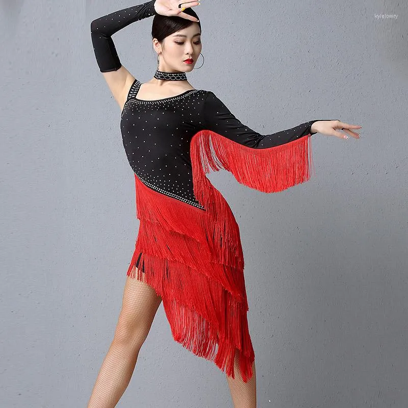 Stage Wear Professional Latin Dance Dress With Fringe Women'S Ballroom Competition Clothing Sexy Irregular Rhinestone Tassel DL4710