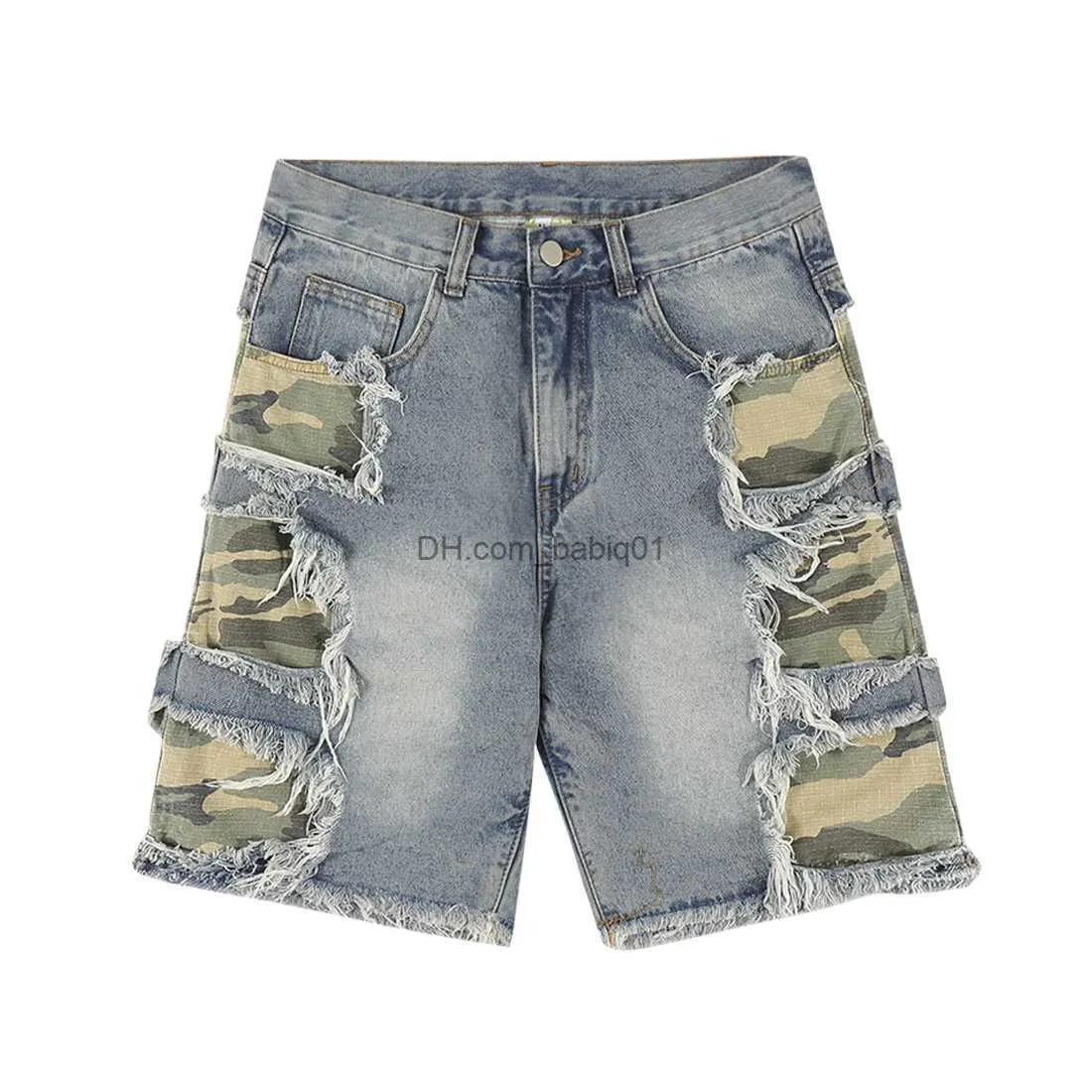 Shorts masculinos verão camou jeans shorts masculinos de hip hop destruído camuflagem americana moda vintage tassel retchwork jeans shorts t230502