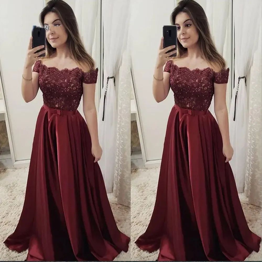 Satinperlen schulterfrei A-Linie Abendkleid mit kurzen Ärmeln Sexy Abendkleid formelle Partykleidung