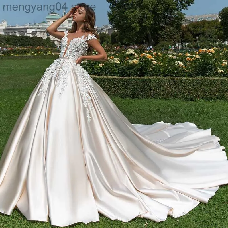 Party Dresses Short Sleeve Princess Ball Gown Wedding Dresses Spets Appliqued 3D Flowers Satin Bride Dress Chapel Train Vintage Bridal Gown T230502