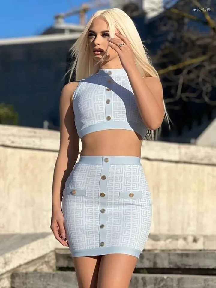 Work Dresses Women 2 Piece Set Bandage Stretch Crop Top And High Waist Skirt With Gold Buttons Geometric Outfits Club Party Street