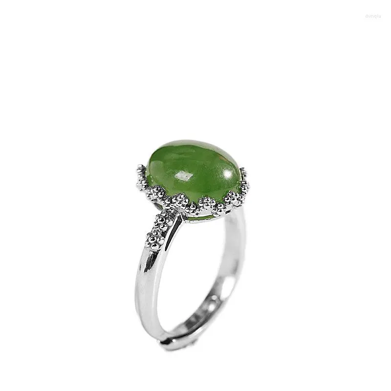 Cluster Rings Real S925 Silver Inlaid Hetian Jade Jasper Egg Noodle Ring Fashion Simple Women's Open