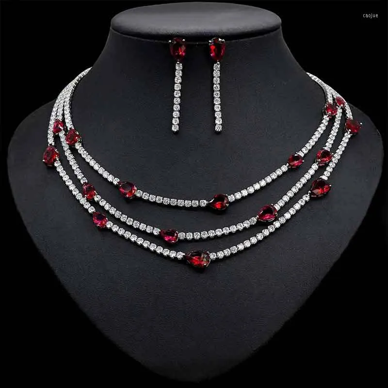 Necklace Earrings Set Korean Style Three Layers Choker Luxury CZ Teardrop Statement Bridal Wedding Jewelry